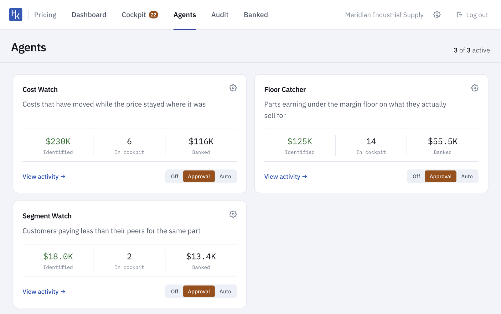 The Hawkeye Agents screen for one customer: three agents, each with dollars identified and banked and an Off, Approval or Auto switch